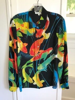NICOLE TAYLOR 100% Silk Koi Fish Beaded Blouse Art to Wear Vintage Size Small